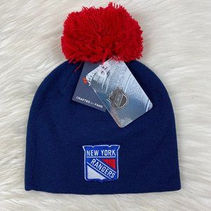 New York Rangers NHL Blue Red Team Color Knit Winter Beanie Hat W Pom Women's